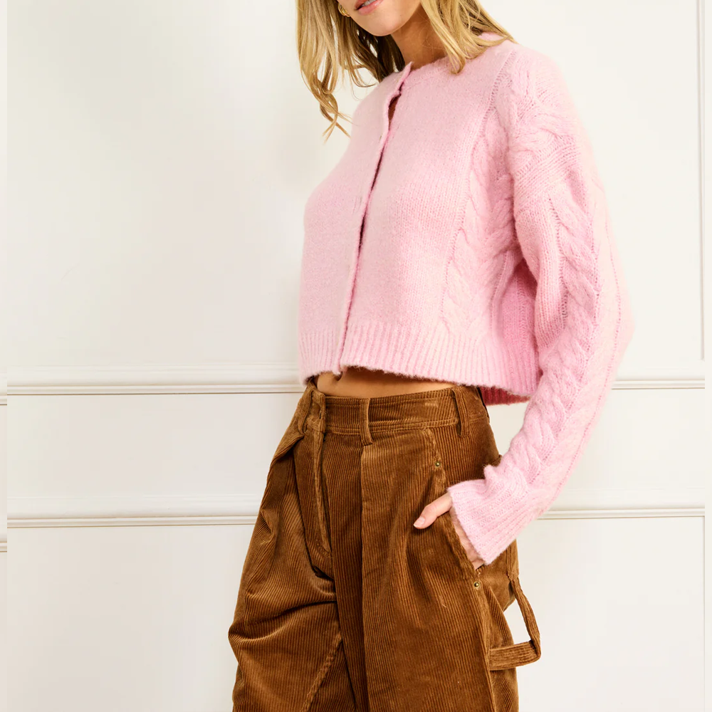 Cardigan rose pour femme avec boutons et détail torsadé