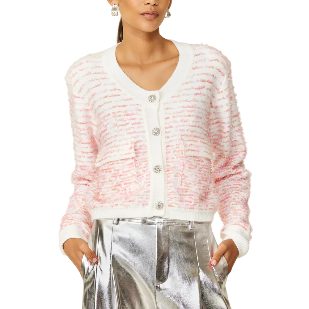 Gilet blanc avec rayures texturées roses et boutons décoratifs