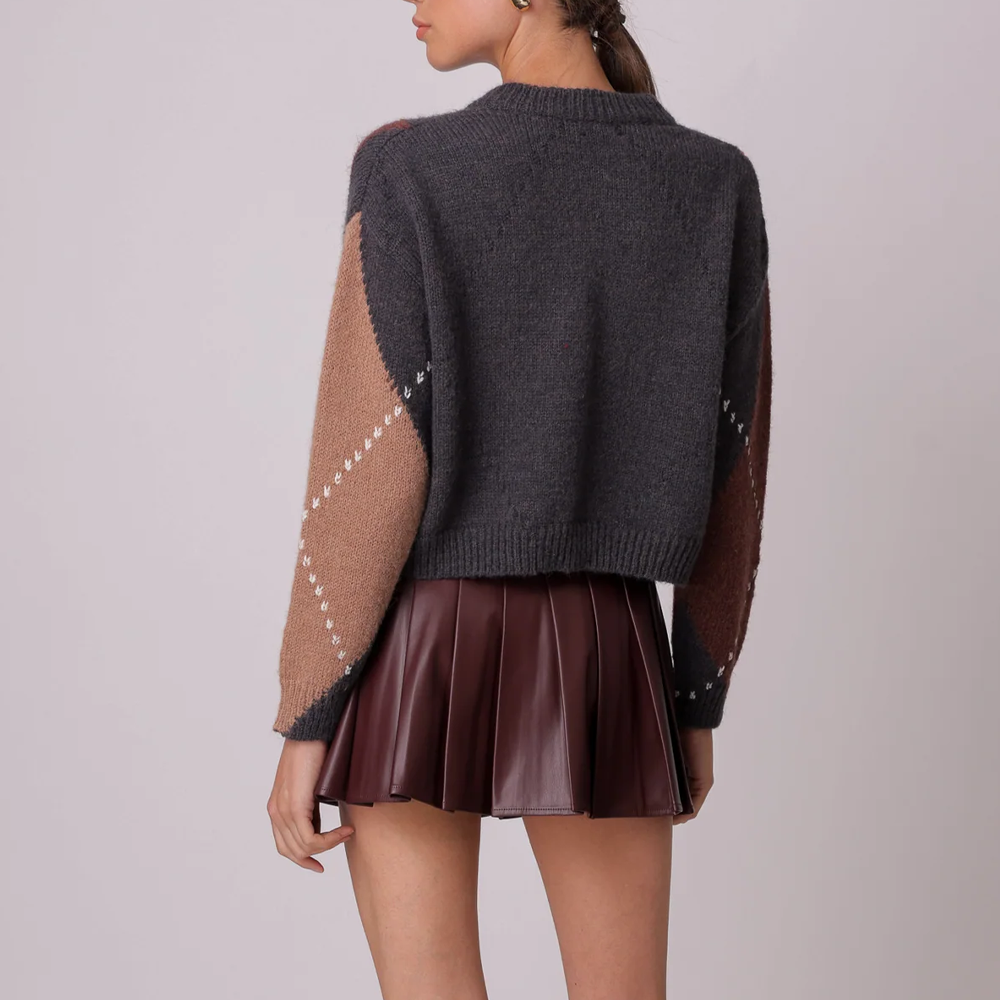 Pull pour femme en maille avec motif à carreaux en brun et noir