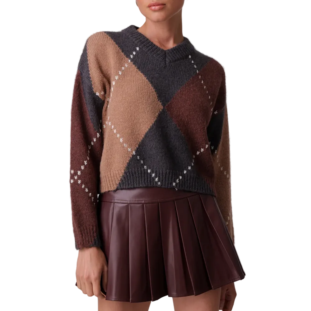 Pull pour femme en maille avec motif à carreaux en brun et noir