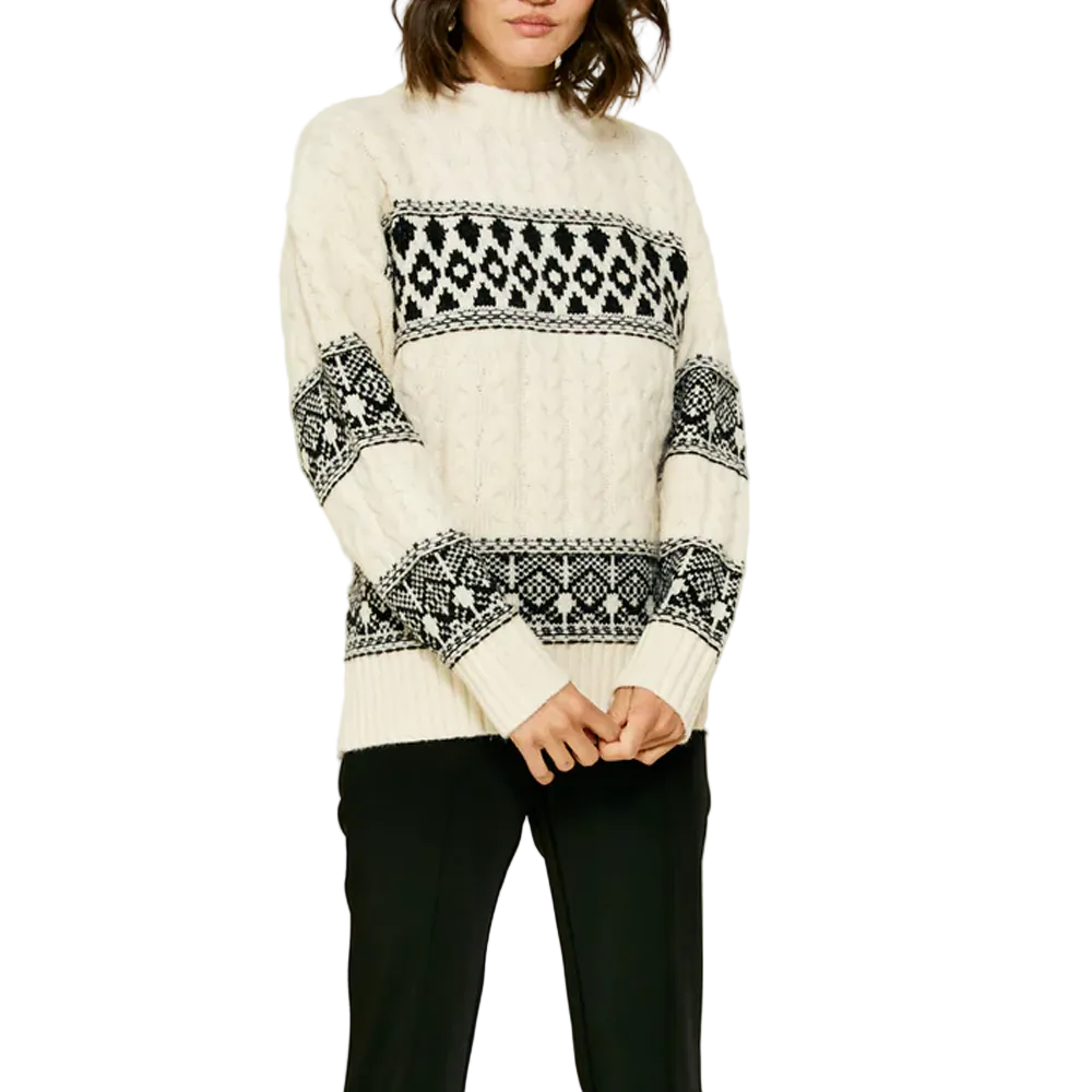 Pull pour femme en maille crème avec motif nordique noir
