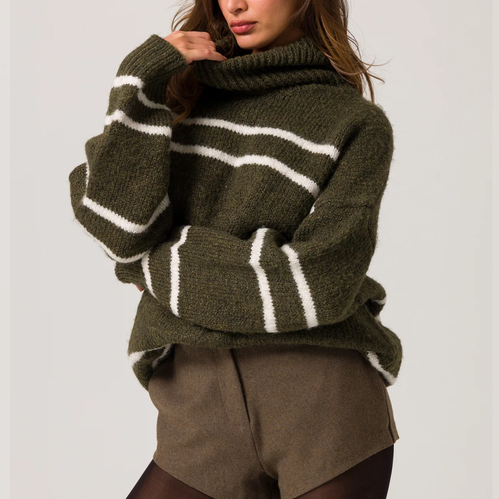 Pull pour femme vert et blanc à col montant