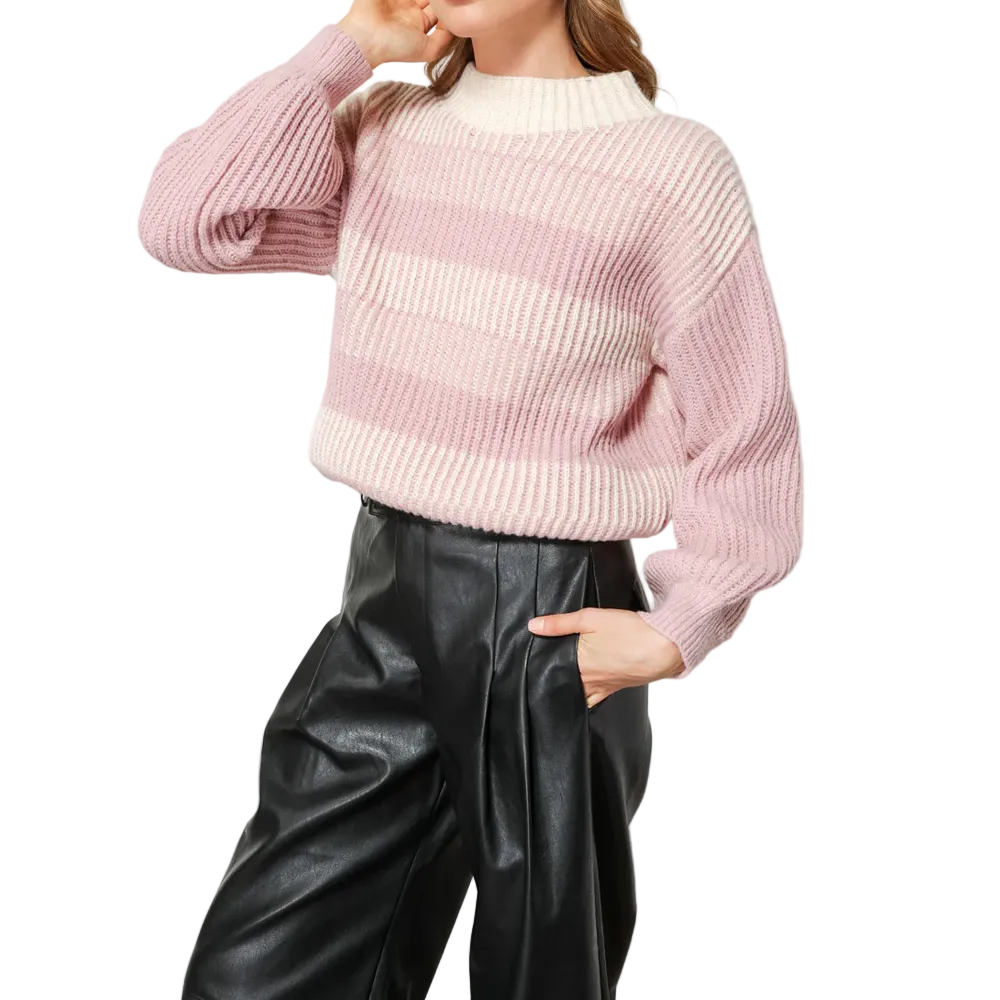 Pull rose et blanc à manches ballon