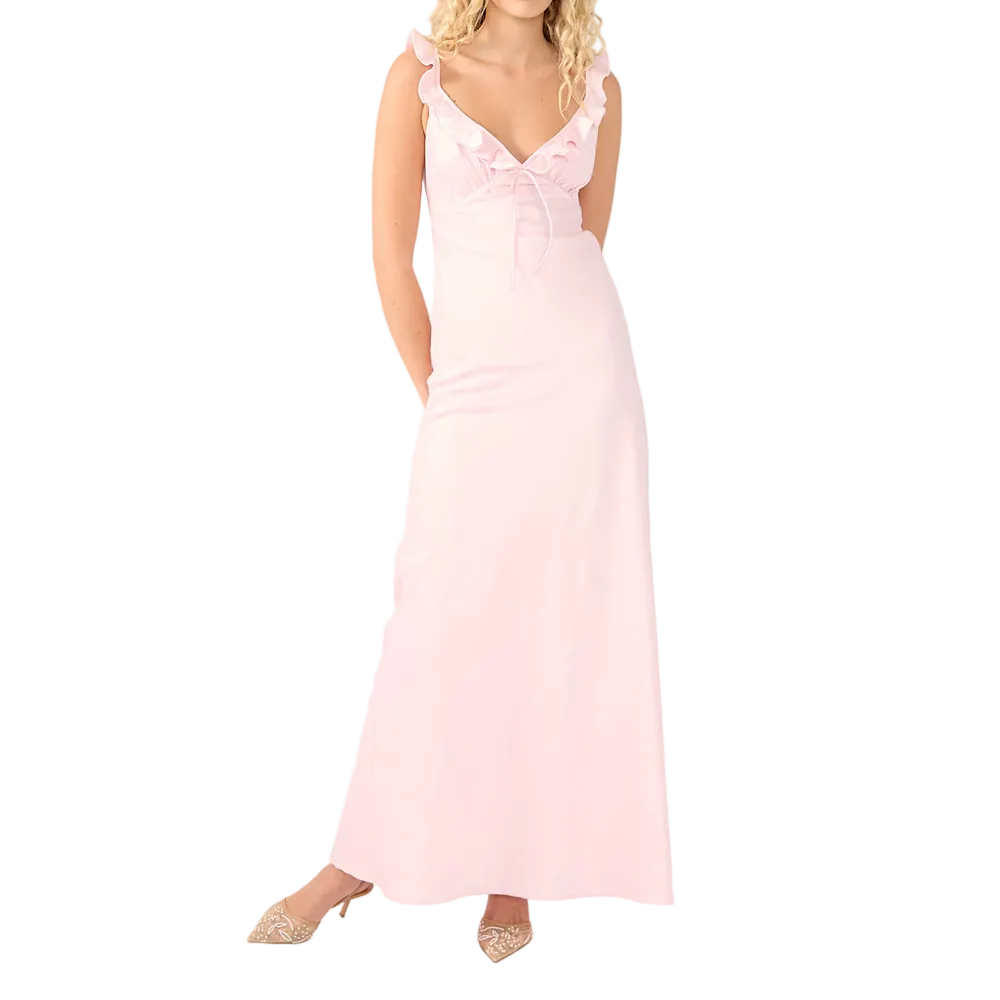 Robe longue rose pâle avec volants et profond décolleté en V