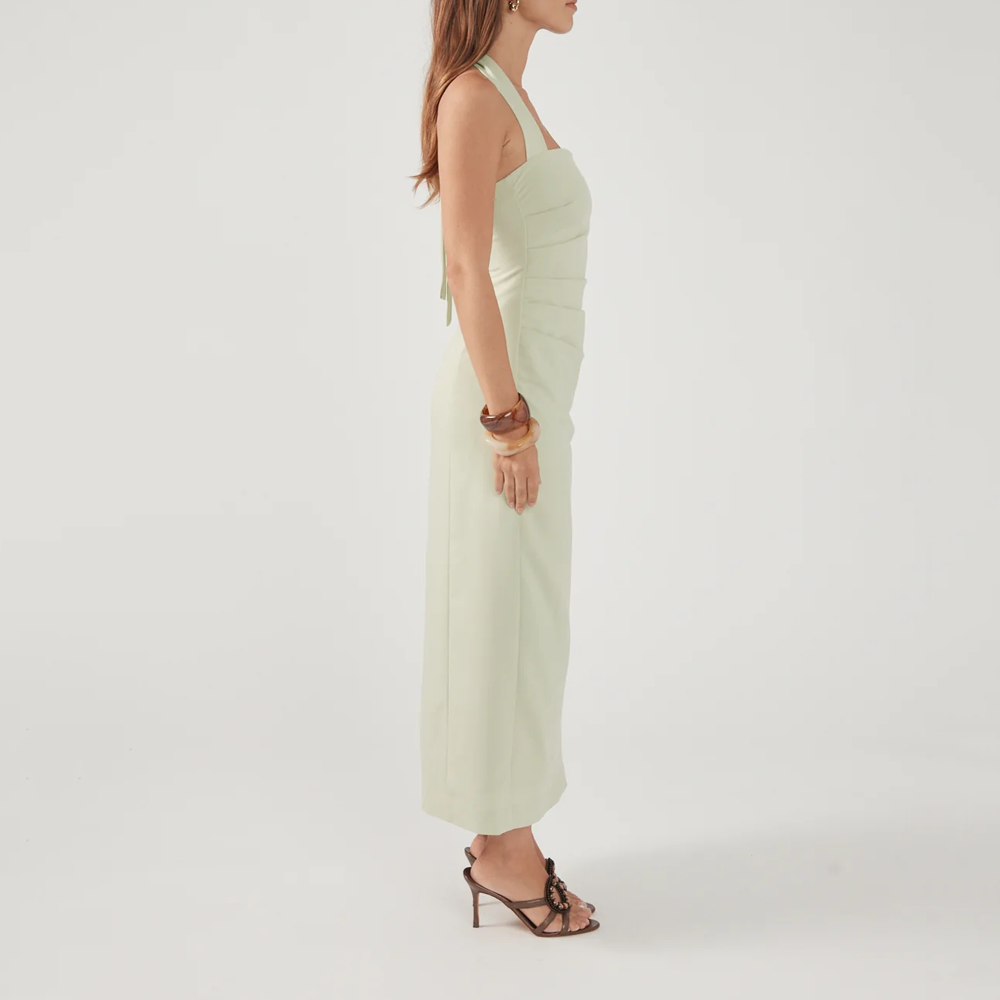 Robe vert menthe à encolure carrée avec lien halter et fente