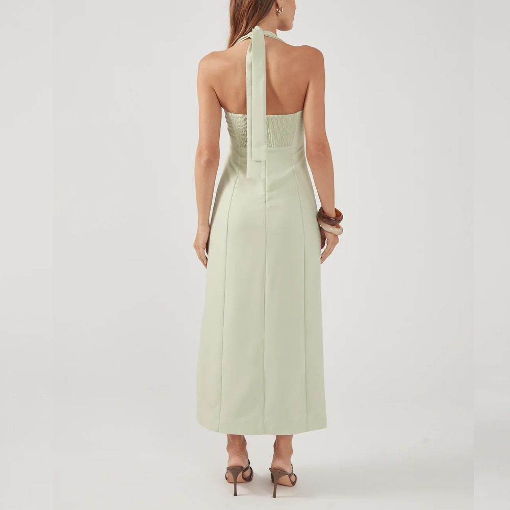 Robe vert menthe à encolure carrée avec lien halter et fente